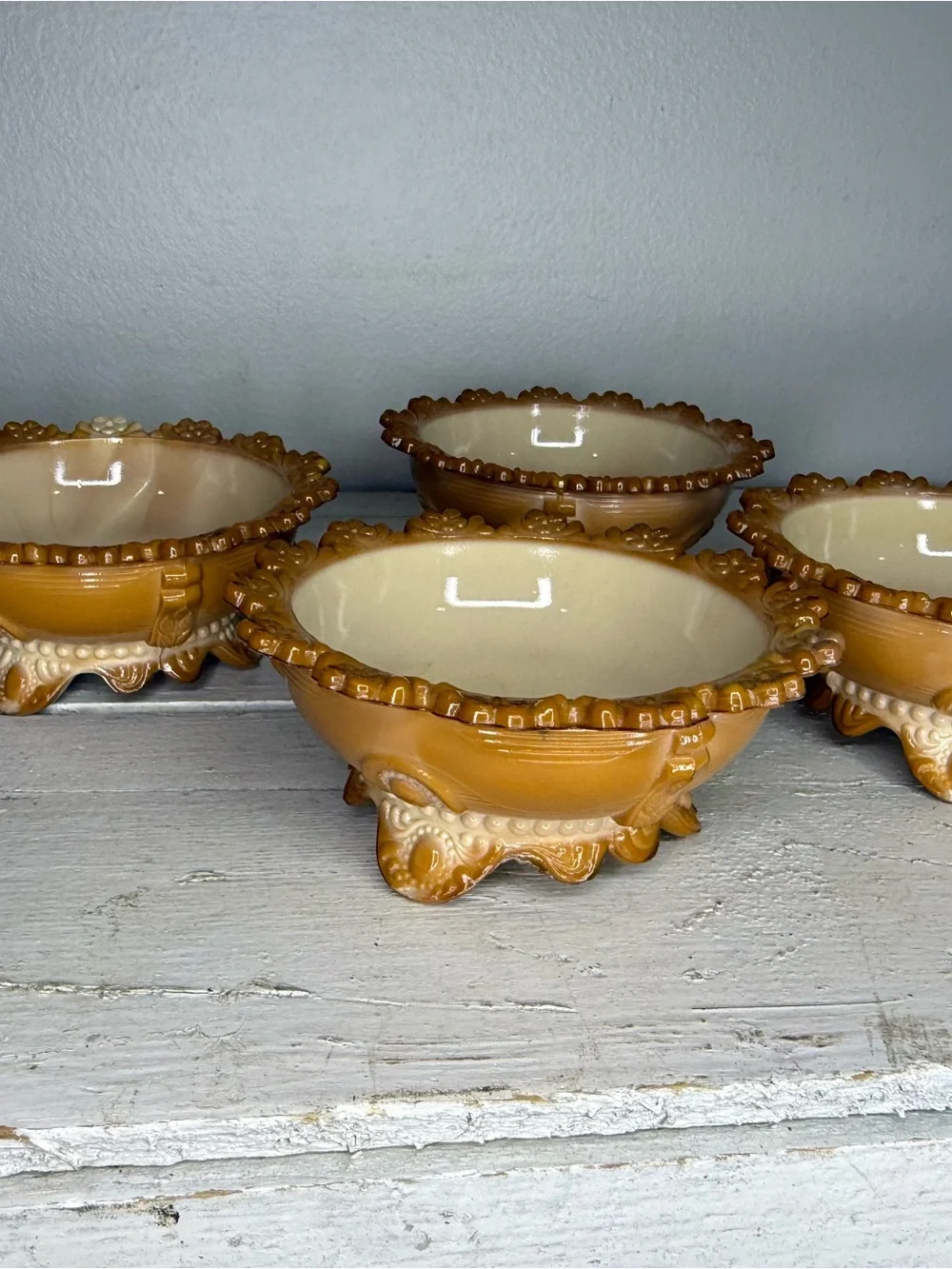 Set of 4 Greentown Indiana CHOCOLATE CARAMEL SLAG GLASS 3 LEGGED BOWL